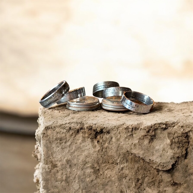Handcrafted US Quarter Coin Ring on wooden surface