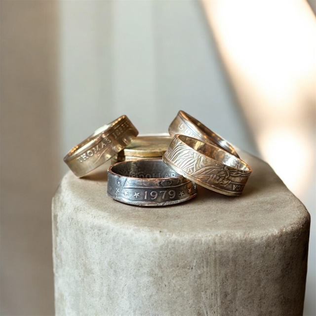 US Small Dollar Coin Rings - Custom handmade jewelry on stone surface