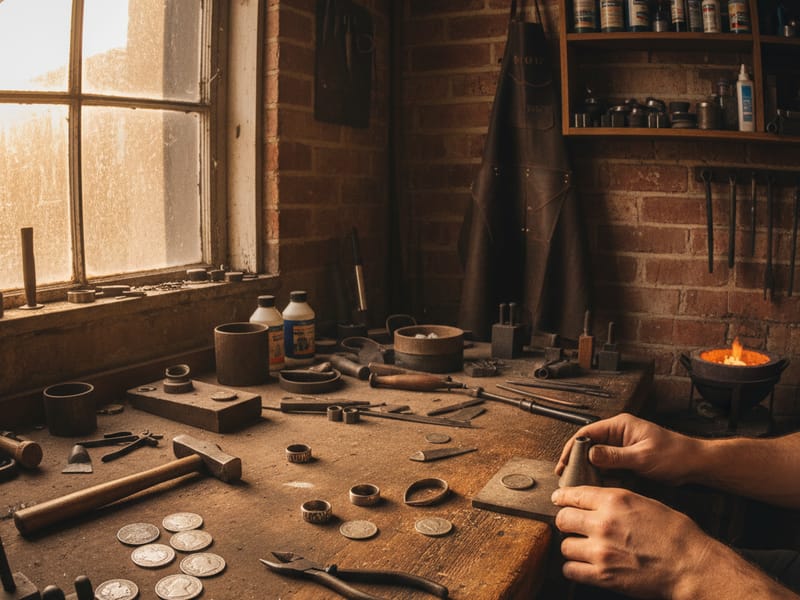 Artisan coin ring crafting process in Bluffton SC workshop